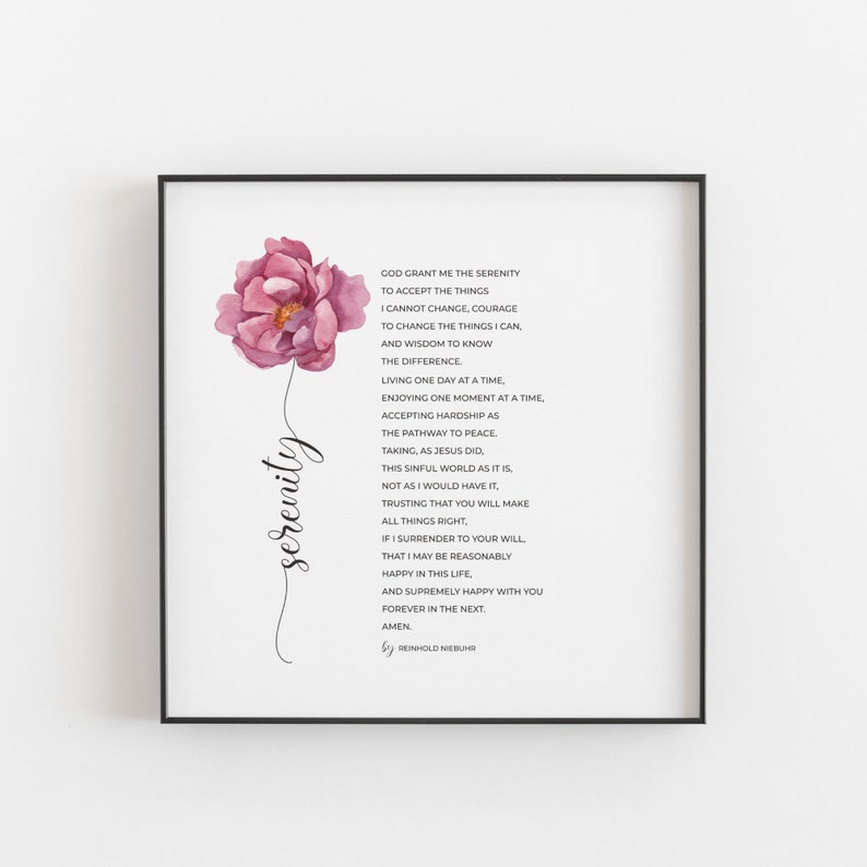 Original Version of The Full Serenity Prayer Printable Wall Art by Reinhold Niebuhr with Watercolor Flower, AA Sobriety Gift for Women image 7