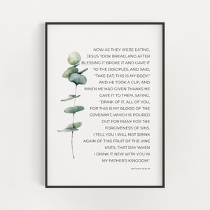 Matthew 26:26-29 The Last Supper Watercolor Green Eucalyptus Leaf Bible Verse Printable Wall Art, Christian Holy Communion Scripture Decor