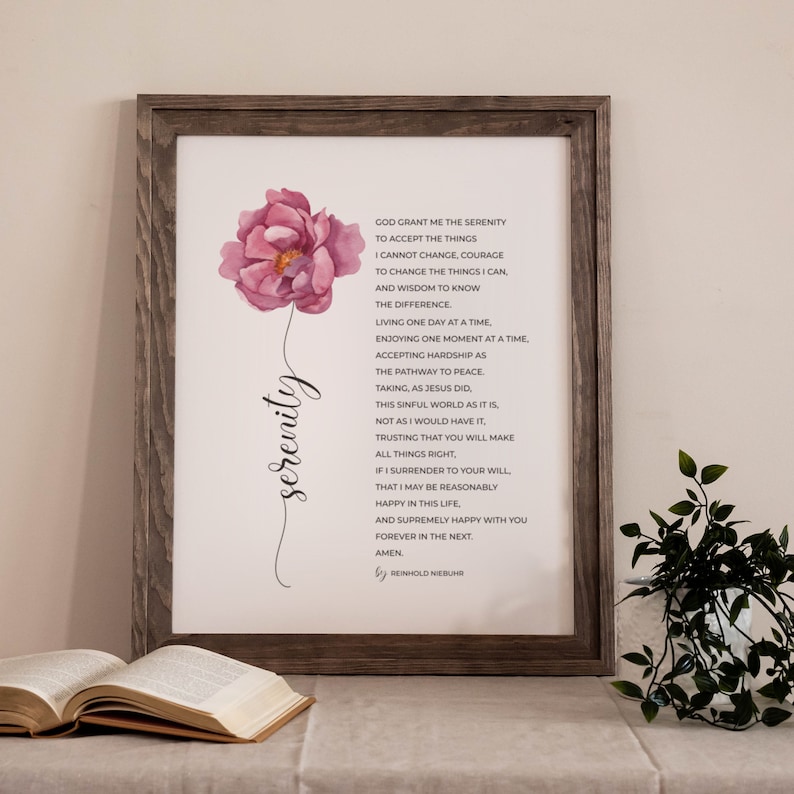 Original Version of The Full Serenity Prayer Printable Wall Art by Reinhold Niebuhr with Watercolor Flower, AA Sobriety Gift for Women image 9
