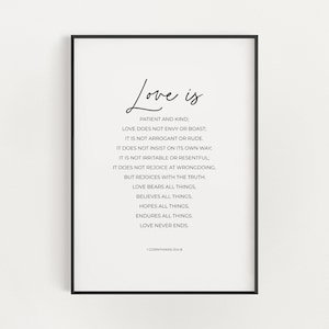 1 Korintiërs 13:4-8 Liefde is geduldig en vriendelijk Christelijke bruiloft Bijbelvers afdrukbare muurkunst, minimalistische slaapkamer Schrift digitale print