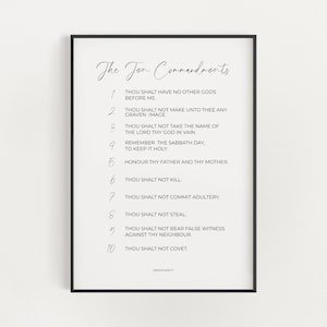 May include: A black and white printable poster featuring the Ten Commandments written in a simple, modern font. The text is centred on the page and includes the reference "Exodus 20:3-17".
