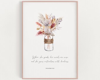 Proverbs 31:26, When She Speaks Her Words Are Wise, Floral Bible Verse Printable Wall Art, Christian Teacher Appreciation Gift, Pastor Gift