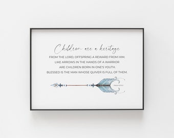 Psalm 127:3-5 Children are a Heritage From the Lord, Blue Watercolor Arrow Bible Verse Printable Wall Art, Christian Boy's Nursery Decor