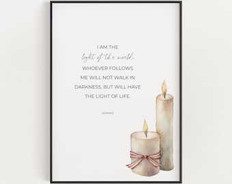 John 8:12 I am the Light of the World Christian Christmas Scripture Printable Wall Art, Winter Bible Verse Digital Download, Holiday Decor