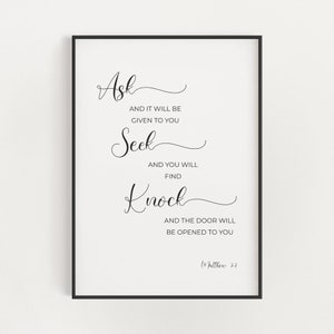 Matthew 7:7 Ask Seek Knock Minimalist Bible Verse Wall Art Digital Download, Modern Christian Scripture Printable Home Decor, Baptism Gift