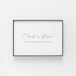Arte de pared imprimible con versículo bíblico de Pascua: Cristo ha resucitado, descarga digital de las Escrituras del saludo pascual, decoración religiosa cristiana minimalista