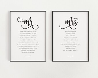 May include: Two black and white printable signs with the words "Mr." and "Mrs." in a decorative script font. The signs include Bible verses about marriage from Ephesians 5:25 and Proverbs 31:10.
