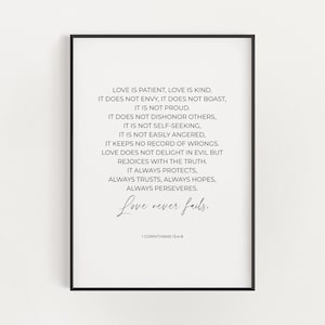 1 Corinzi 13:4-8 L'amore è paziente L'amore è gentile Matrimonio cristiano Versetto della Bibbia Stampabile Wall Art Sign, Arredamento camera da letto religiosa Scarica