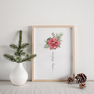 Cartello stampabile minimalista di Buon Natale con un fiore di stella di Natale rosso acquerello e vegetazione invernale, download digitale di auguri di Natale