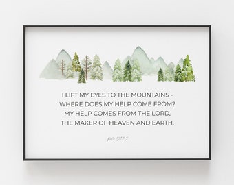 Salmo 121:1-2 Impresión, Impresión descargable del versículo bíblico, decoración del hogar cristiano con arte de la pared del paisaje de la montaña de la acuarela verde, signo de las Escrituras