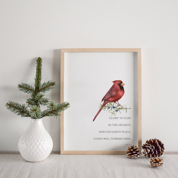 Luke 2:14 Christmas Scripture Wall Art, Winter Bible Verse Printable with Watercolor Greenery and Red Cardinal, Glory to God in the Highest