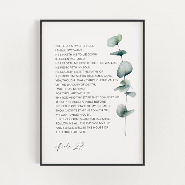 Psalm 23 KJV The Lord is my Shepherd Green Watercolor Eucalyptus Leaf Printable Bible Verse Wall Art, Christian Scripture Digital Download