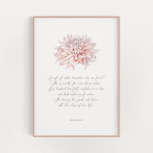 Proverbios 31:10-12 Esposa de carácter noble Escritura de boda cristiana Arte de pared imprimible, Versículo bíblico de matrimonio floral rosa Impresión digital