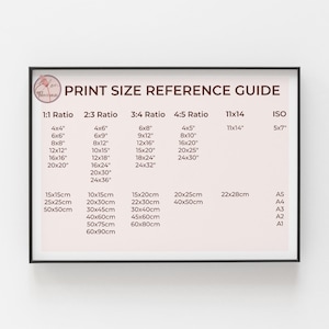May include: A chart with a white background and black text shows different print sizes in inches and centimeters. The chart is titled "Print Size Reference Guide" and is divided into columns for 1:1 ratio, 2:3 ratio, 3:4 ratio, 4:5 ratio, 11x14, and ISO.