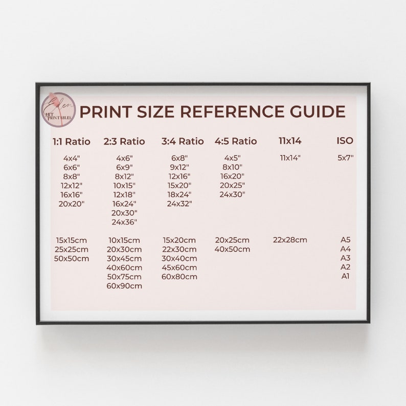 May include: A chart with a white background and black text shows different print sizes in inches and centimeters. The chart is titled "Print Size Reference Guide" and is divided into columns for 1:1 ratio, 2:3 ratio, 3:4 ratio, 4:5 ratio, 11x14, and ISO.
