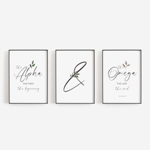 Revelation 22:13 Alpha and Omega Set of 3 Minimalist Christian Bible Verse Printable Wall Art with Watercolor Greenery, Floral Scripture Art