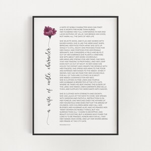 Proverbs 31:10-31 A Wife of Noble Character Printable Scripture Wall Art Decor with Purple Watercolor Flower, Christian Gift for Wife Print