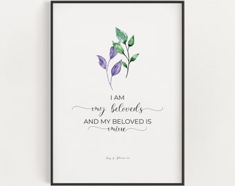 Song of Solomon 6:3 I Am My Beloved's and My Beloved is Mine Scripture Printable Wall Art, Christian Marriage Bible Verse Digital Download