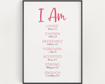 Ik ben bijbelvers affirmaties afdrukbare muurkunst, meisje christelijke kinderkamer decor, positieve christelijke schrift affirmaties digitale kunst print