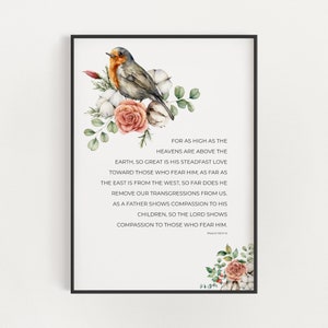 Psalm 103:11-13 Printable Bible Verse Wall Art, Christian Christmas Decoration, Watercolor Floral Winter Scripture Digital Download