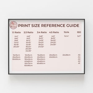 May include: A chart with a white background and black text shows different print sizes in inches and centimeters. The chart is titled "Print Size Reference Guide" and is divided into columns for 1:1 ratio, 2:3 ratio, 3:4 ratio, 4:5 ratio, 11x14, and ISO.
