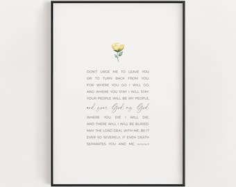 Ruth 1:16-17 Printable Scripture Wall Art, Floral Christian Wedding Gift, Minimalist Bible Verse Digital Print, Where You Go I Will Go Print