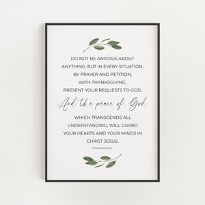 Filipenses 4: 6-7, versículo da Bíblia para impressão, arte das escrituras de incentivo, arte de parede cristã minimalista, não fique ansioso com nada