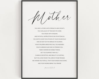 Spreuken 31:25-31, Christelijk Moederdag Cadeau, Schrift Digitale Print, Christelijke Muurkunst, Moeder Bijbelvers Afdrukbaar