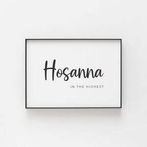 Hosanna en el más alto arte digital de la pared del versículo bíblico de Pascua, tipografía minimalista arte de la pared de las Escrituras, viernes santo cristiano moderno imprimible