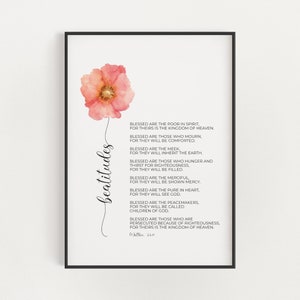 Matthew 5:3-10 The Beatitudes Floral Bible Verse Printable Wall Art Decor, Aesthetic Christian Scripture Digital Download