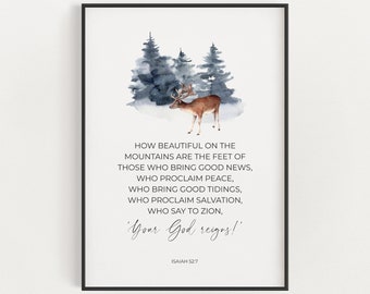 Isaiah 52:7 How Beautiful On the Mountains Christmas Scripture Printable, Watercolor Blue Winter Woodland Pine Trees Bible Verse Wall Art