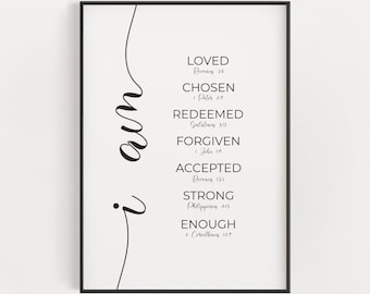 Modern Printable Bible Verse Affirmations Wall Art, Minimalist Christian Scripture Affirmations Digital Download, Who I Am in Christ Print