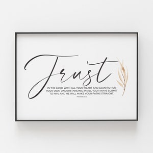 Vertraue dem Herrn von ganzem Herzen, Sprüche 3:5-6, Bibelvers druckbar, Schriftkunst, christliche Wandkunst, moderne christliche Kunst