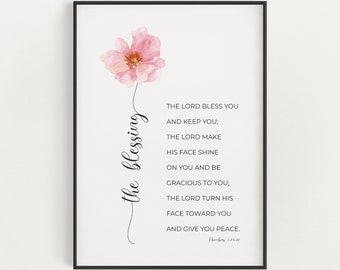 Numbers 6:24-26 Floral Scripture Printable Wall Art, Pink Watercolor Flower Bible Verse Digital Download, The Lord Bless You and Keep You