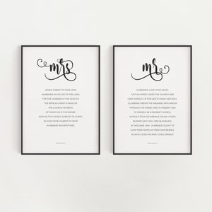 Ephesians 5:22-28 Set of 2 Mr and Mrs Printable Marriage Bible Verse Wall Art, Wives Husbands Scripture Digital Art, Christian Wedding Gift