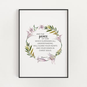 Filipenses 4:7 Floral Escritura Cristiana Arte de la pared Decoración imprimible con corona de lirio de acuarela, Paz de Dios Versículo bíblico Descarga digital