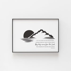 Psalm 121:1-2 I Lift My Eyes to the Mountains Boho Bible Verse Printable Wall Art, Minimalist Christian Scripture Line Art Digital Download