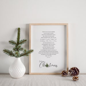 For To Us a Child is Born Christian Christmas Scripture Printable Wall Art, Isaiah 9:6-7 Minimalist Winter Bible Verse Digital Download