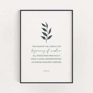 Psalm 111:10 The Fear of the Lord Christian Wall Art Digital Print, Bible Verse Scripture Printable Wall Art with Watercolor Green Leaf