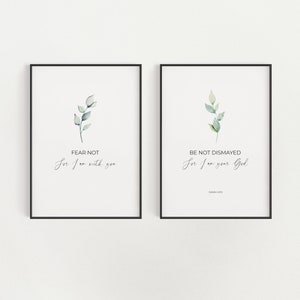 Isaiah 41:10 Set of 2 Christian Wall Art Downloadable Prints, Fear Not For I Am With You Bible Verse Printable, Floral Leaf Scripture Art