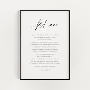 Proverbs 31:25-31, Personalised Mum Bible Verse Wall Art Gift for Her, Scripture Printable Instant Download, Modern Feminine Christian Print