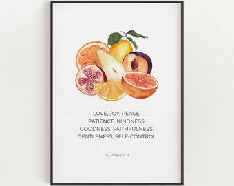 Fruit of the Spirit Printable Bible Verse Wall Art, Christian Kitchen Scripture Digital Art Print, Love Joy Peace Galatians 5:22-23 Artwork