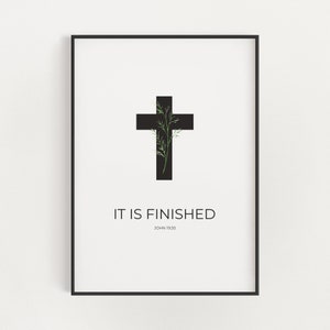 Juan 19:30 Está terminado, decoración de arte de pared con versículo bíblico de la cruz de Pascua imprimible con hoja verde de acuarela, impresión digital de las Escrituras cristianas