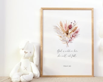 Psalm 46:5 God is Within Her She Will Not Fall Bible Verse Printable Wall Art, Pink Purple Floral Wildflower Christian Nursery Scripture