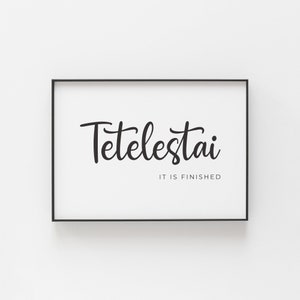 Tetelestai Está terminado el arte de la pared de las Escrituras de Pascua imprimible, arte minimalista de la pared del versículo bíblico digital, decoración cristiana moderna de la Pascua