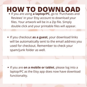 Puede incluir: Un gr&aacute;fico rosa y blanco con el texto "HOW TO DOWNLOAD" en marr&oacute;n. El gr&aacute;fico proporciona instrucciones sobre c&oacute;mo descargar archivos digitales de Etsy en una computadora port&aacute;til, como invitado o en un dispositivo m&oacute;vil.