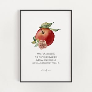 Train up a child in the way he should go Bible Verse Printable Wall Art with Watercolor Red Apple, Proverbs 22:6 Christian Teacher Gift Idea