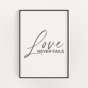 Love Never Fails, 1 Corinthians 13:8,  Minimalist Religious Bible Verse Wall Art, Christian Wedding Gift, Marriage Scripture Couple Gift