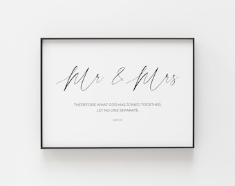 Mark 10:9 Minimalist Printable Christian Wedding Scripture Wall Art, Mr and Mrs Modern Marriage Bible Verse Digital Download, Bedroom Decor