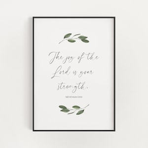 Nehemiah 8:10, The Joy of the Lord is Your Strength, Greenery Bible Verse Printable, Minimalist Christian Wall Art, Modern Scripture Art